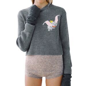 Zara Disney Dumbo Cropped Ribbed Knit Sweater Grey Size Small